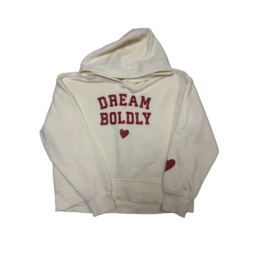 Old Navy Girls Dream Boldly Hoodie Large 10-12 Cream Red Hearts NWOT